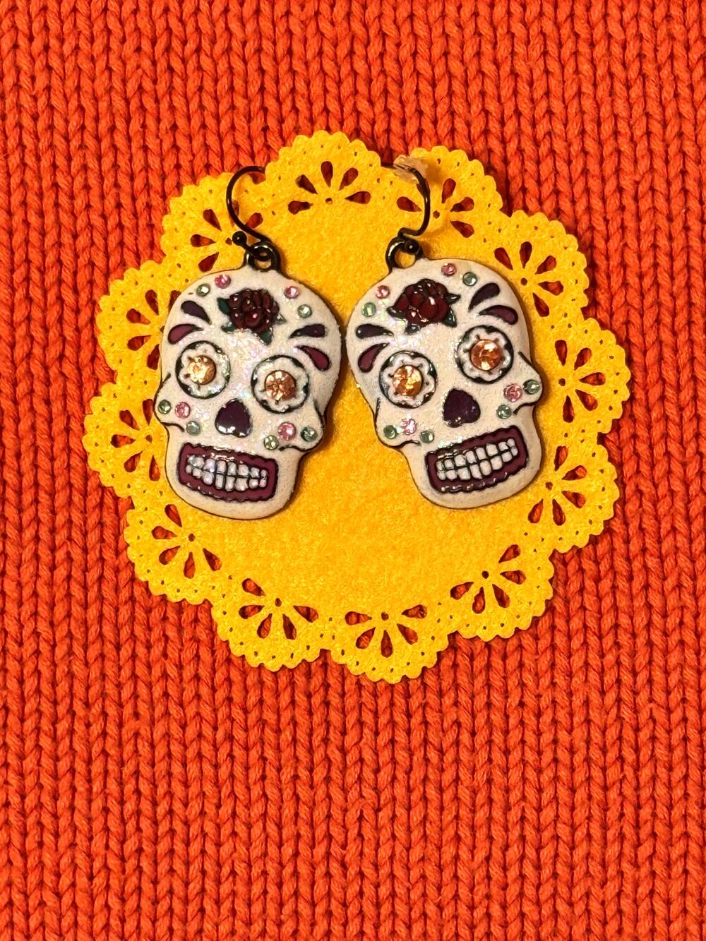 Trick or Treat Sugar Skull Rhinestone Dangle Earrings NWT